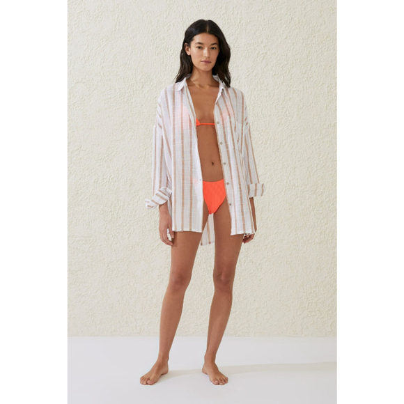 Cotton On Women's Large Brown White Striped Swing Beach Cover Up Shirt NWT - Picture 4 of 7